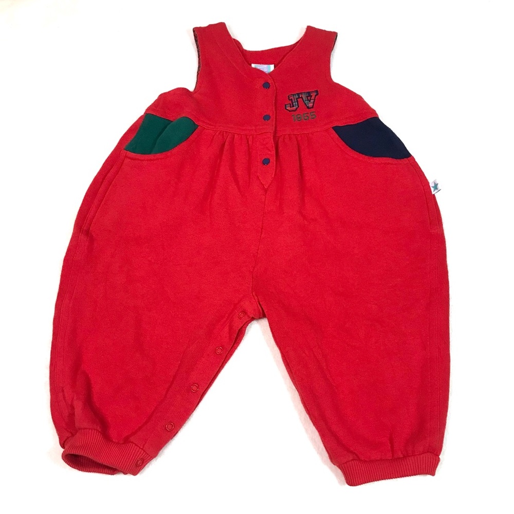 Vintage Little Me baby fleece lined cotton sweatshirt overalls red button snaps
